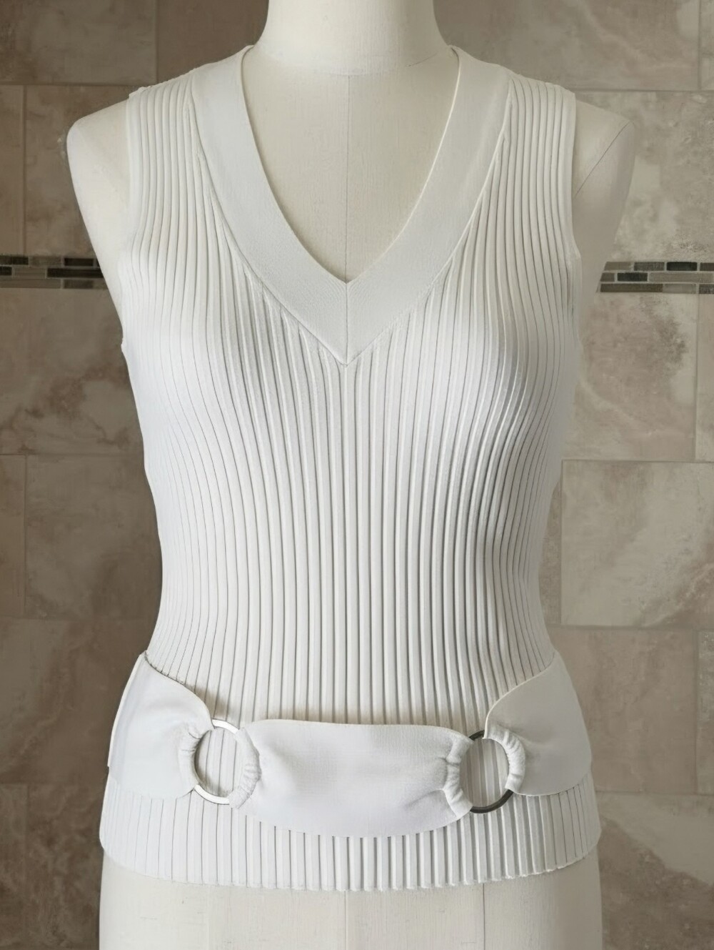 Sleeveless Ribbed V-Neck Knit Top with Decorative Belt - Off White